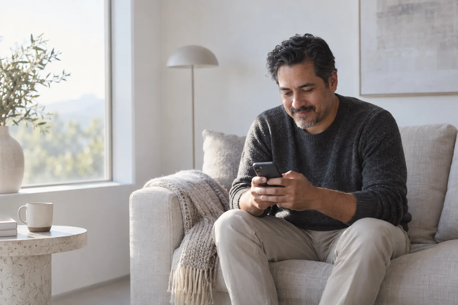 Man relaxing on a sofa while using his phone (AI-generated image)