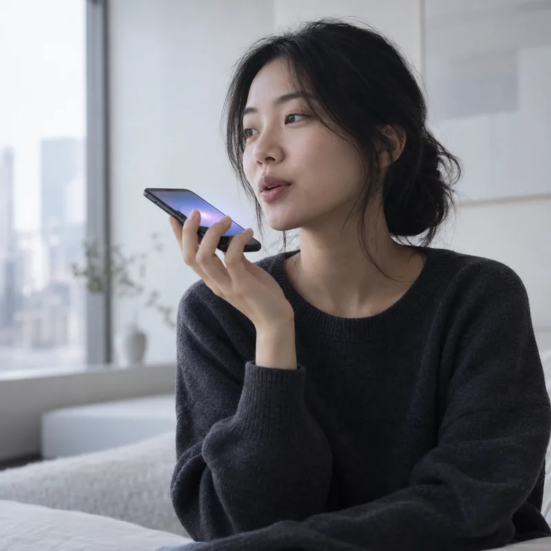 Woman talking to a voice assistant on her phone (AI-generated image)