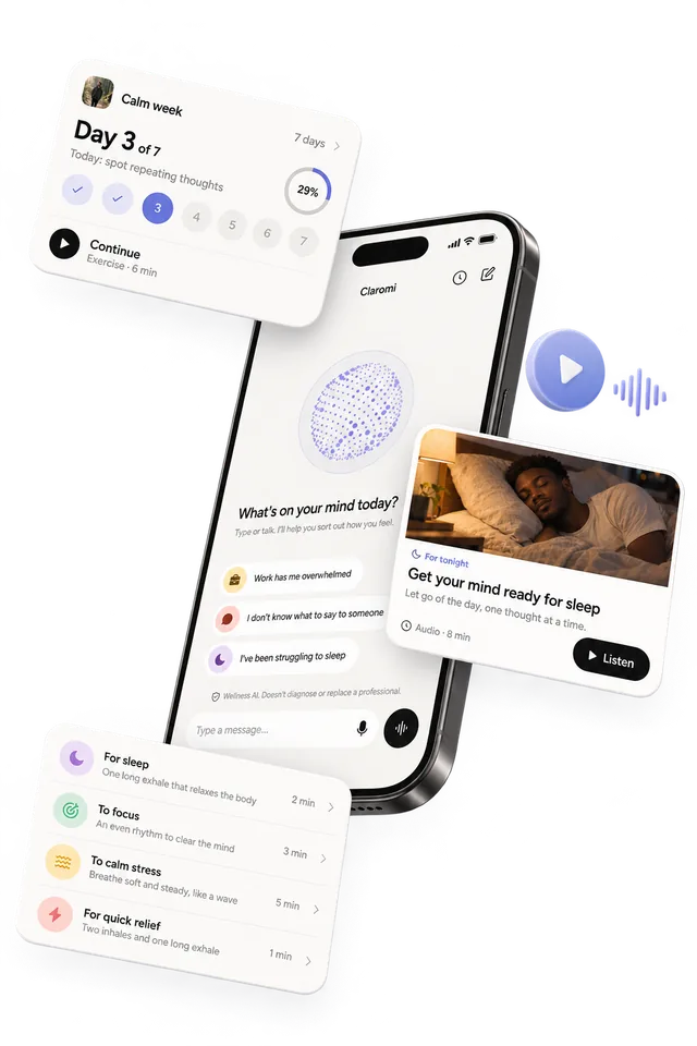 Claromi app on a phone with calm exercises and a sleep audio session