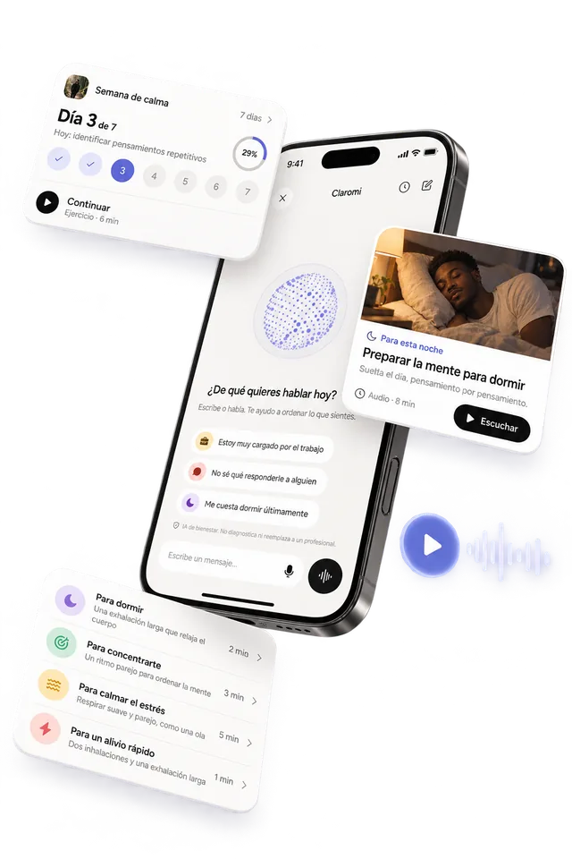 App Claromi en un celular con ejercicios de calma y un audio para dormir