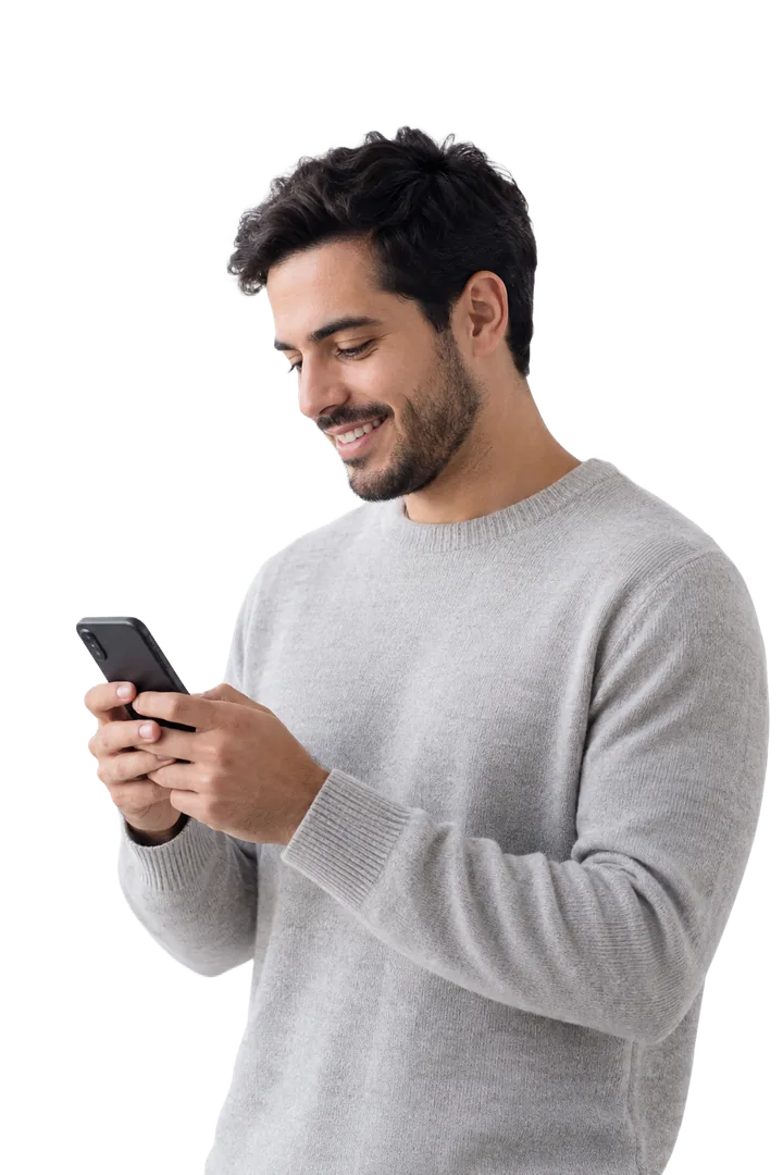 Man smiling at his phone (AI-generated image)